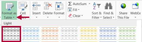 Indicates table formatting button in Excel and Identifies chosen table format.