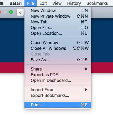Shows Safari browser print command file menu location