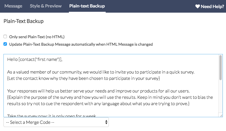 Send Your Survey Via Email: Plain Text Message