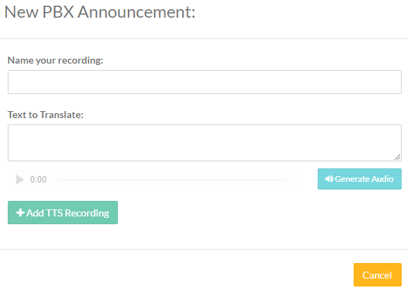 Screenshot of the New PBX Announcement - Text to Speech pop-up box.