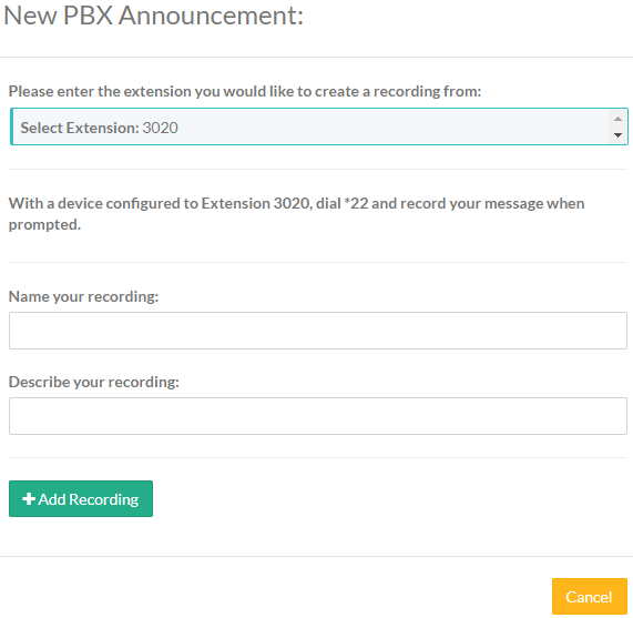 Screenshot of the New PBX Announcement with an extension entered and new fields and button.