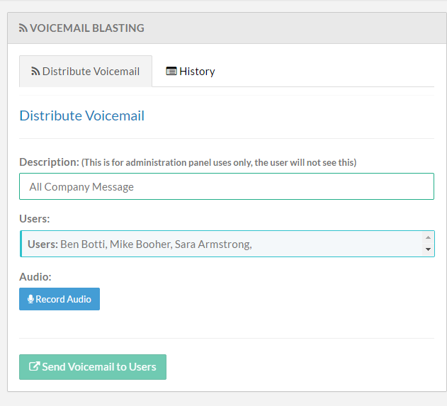 Screenshot of the Voicemail Blasting menu.