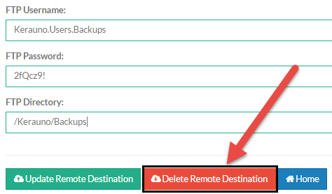 Screenshot of Remote Destination Configuration screen with Delete Remote Destination button indicated.
