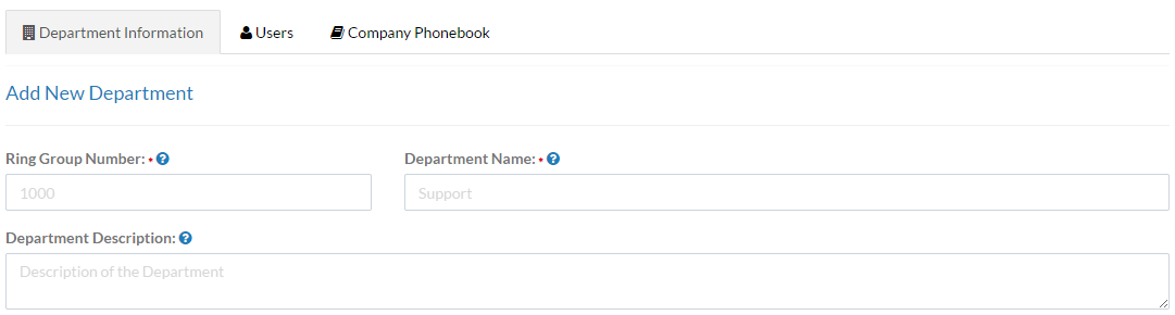 Screenshot of the Department Information tab on the Add New Departments screen.