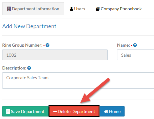Screenshot showing the Delete Department button on the Department Information tab.