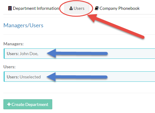 Screenshot of the Users tab on the Department Management screen.