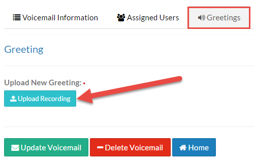 Screenshot of the Greeting tab with the Upload Recording button illustrated.