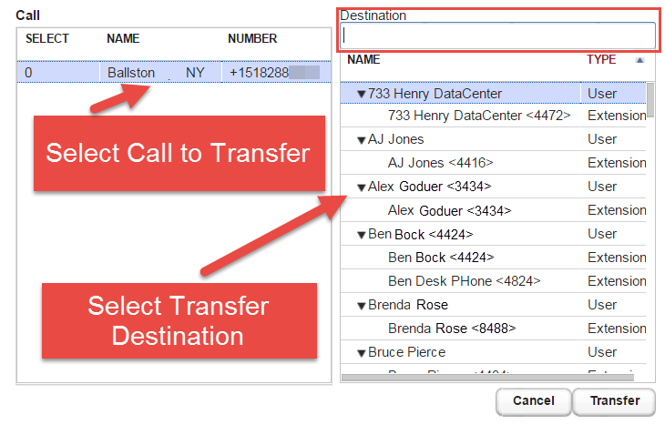 Screenshot illustrating the use of the Transfer button.
