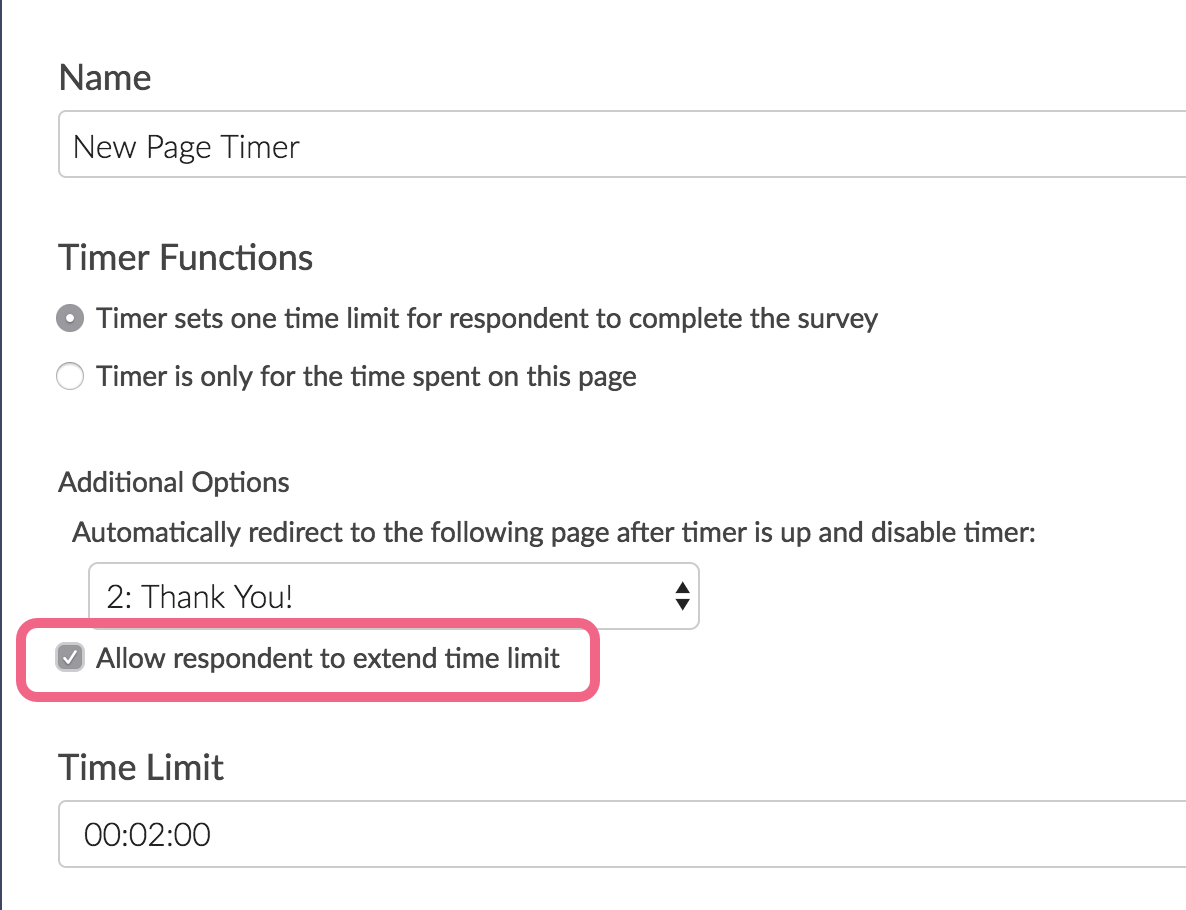 Page Timer option for extending time limit