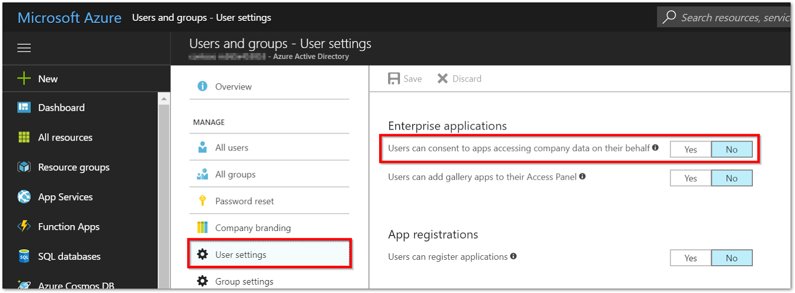 Azure AD Settings page