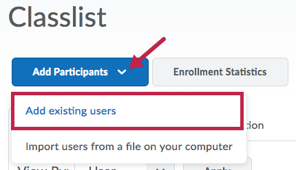 Indicates Add Participants button and Identifies Add existing users selection
