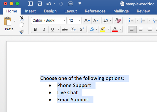 Example Word Document with bulleted list