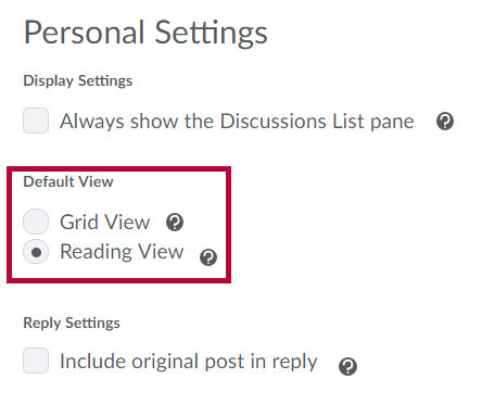 Identifies Default View option in Discussion Settings