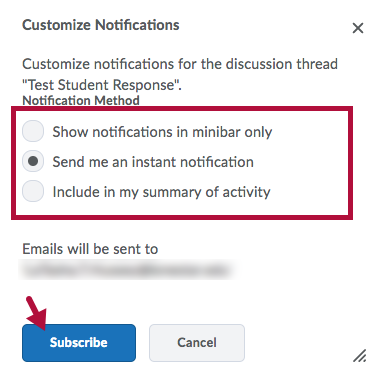 Identifies Notification method options for forums and topics and Indicates Subscribe Button