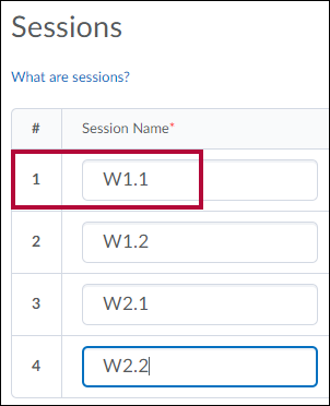 Shows Sessions fields with weekly session names identified.