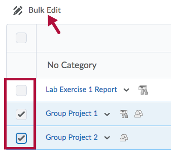 Indicates Bulk Edit option and Identifies check boxes