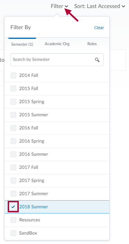 Indicates Filter by Semester selector and identifies a selected check box.