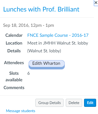 Lunches with Prof. Brilliant schedule screenshot. 