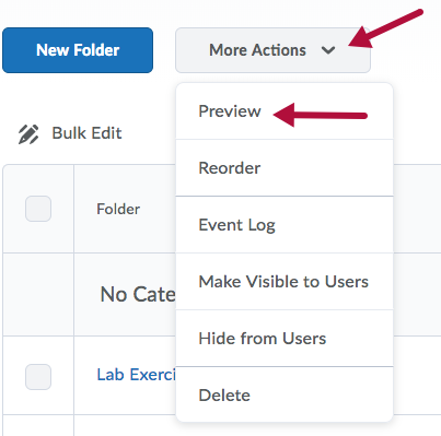 Indicates More Actions menu and Assignment Preview Option under More Actions menu