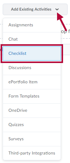 Identifies Checklist on the Add Existing Activities menu.