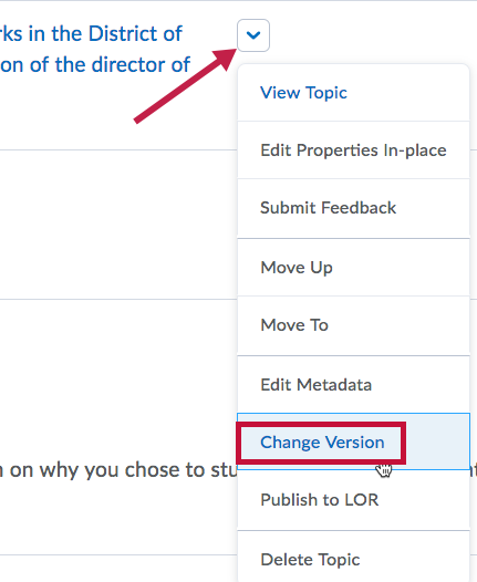 Indicates drop down arrow and Identifies location of Change Version link