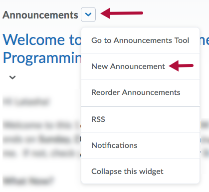 Indicates New Announcement menu option in Announcements context menu