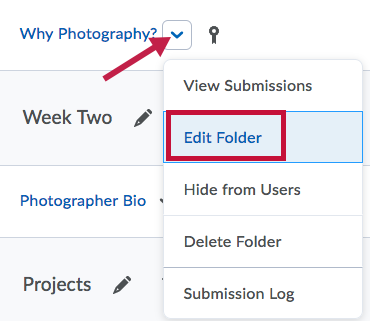 Indicates drop down menu and identifies Edit Folder