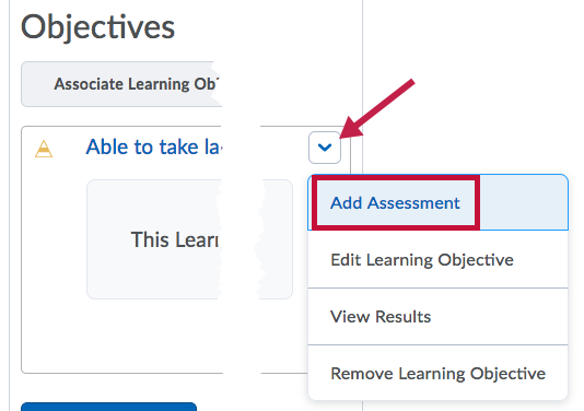 Indicates drop down menu and identifies Add Assessment link