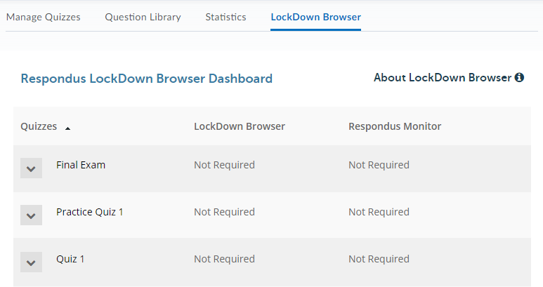 Displays the  Respondus LockDown Browser Dashboard.