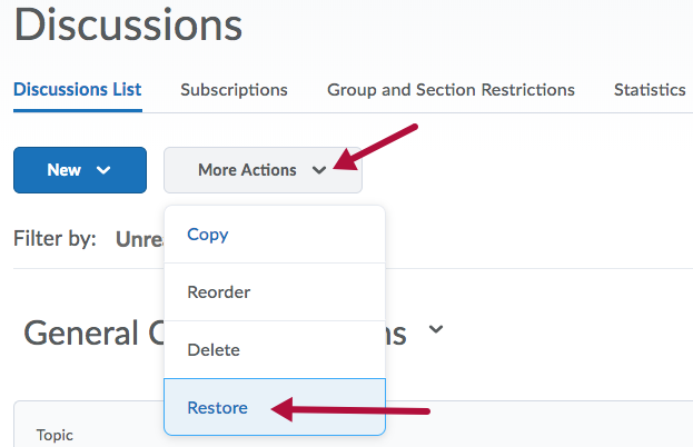 Indicates Restore option from More Actions menu on Discussions page