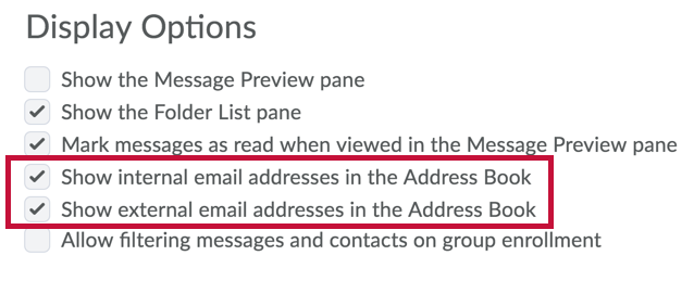 Identifies Show Internal and Show External email addresses in Display Options