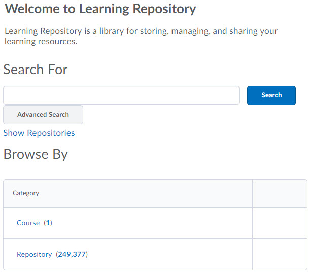 Shows Search page for Learning Repository