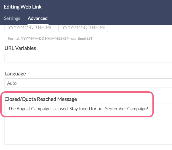 Specify Link-Based Close Message