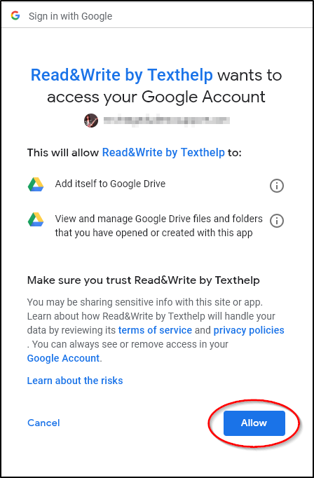 Read&Write for Google Chrome Allow Permissions Screenshot
