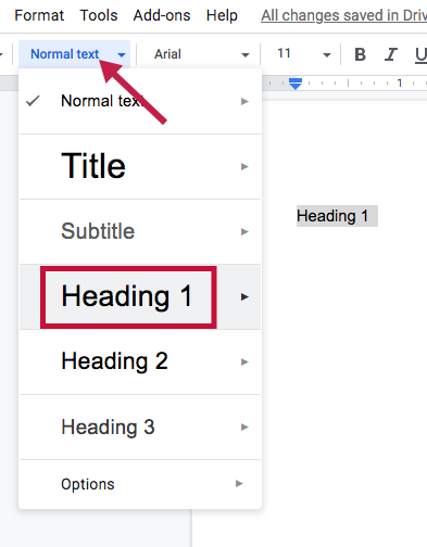 Indicates the Styles menu in Google Docs and Identifies Heading1 selection.