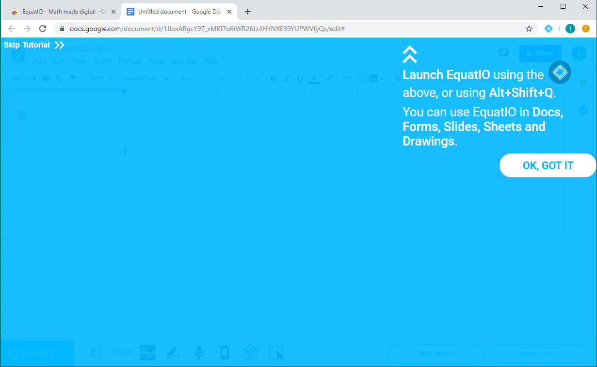 Image of the EquatIO tutorial screen when Equatio is launched for thr very first time within a google doc
