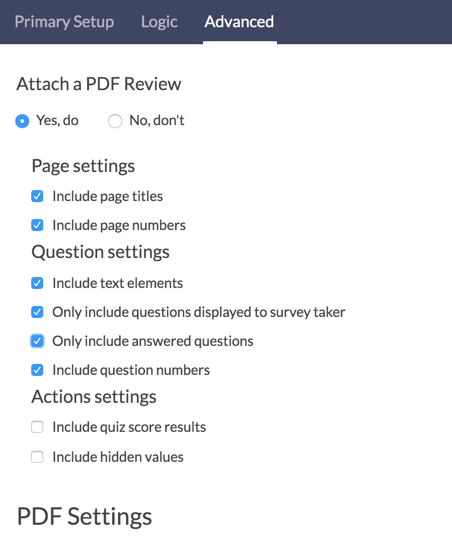 Send Email Action - PDF Settings