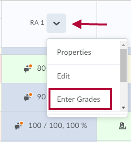 Image indicates the dropdown arrow and identifies the Enter Grades option.