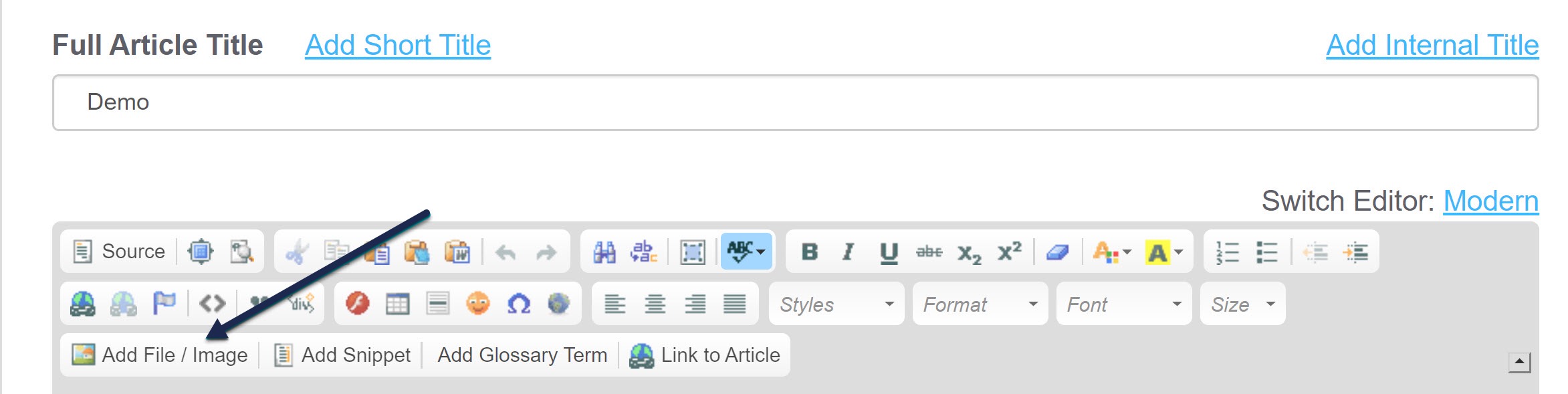 Screenshot showing the Legacy Editor with a callout to the Add File / Image button
