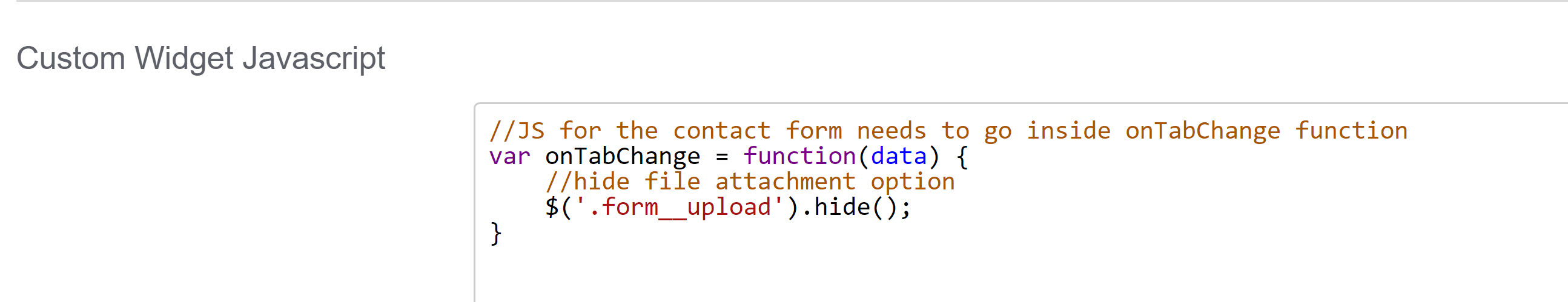 Screenshot showing sample custom widget Javascript to hide the file attachment option in the contact tab
