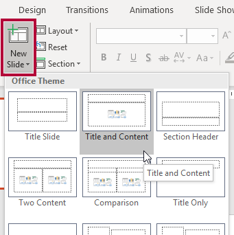 Screenshot of New Slide button being clicked and various slide layouts are being presented.