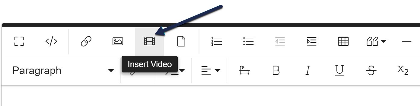 Screenshot with an arrow pointing to the Insert Video icon in the Modern editor
