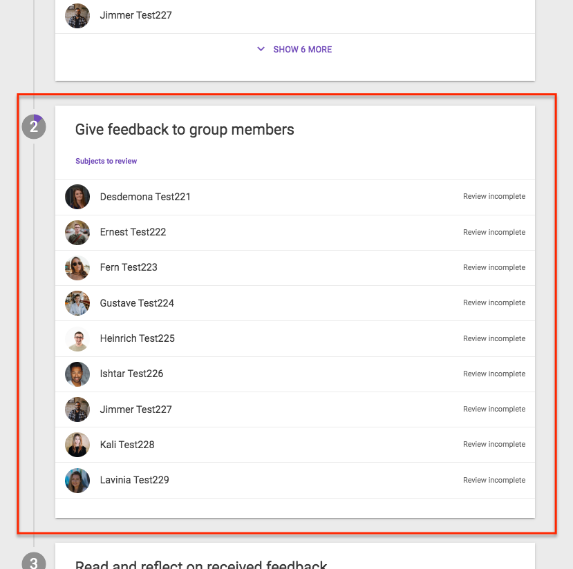 Screen shows Give Feedback to group members, and lists users.
