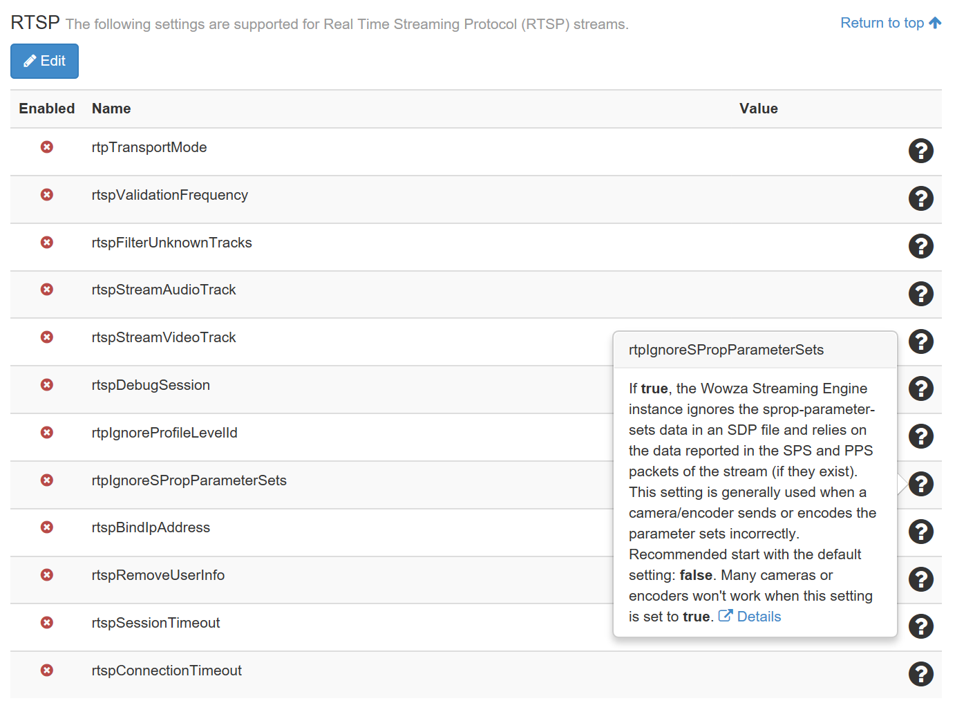 RTSP properties in Wowza Streaming Engine Manager