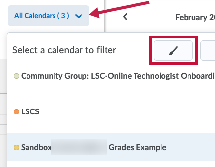 Indicates calendar choice menu. Identifies Change Calendar Colors icon.
