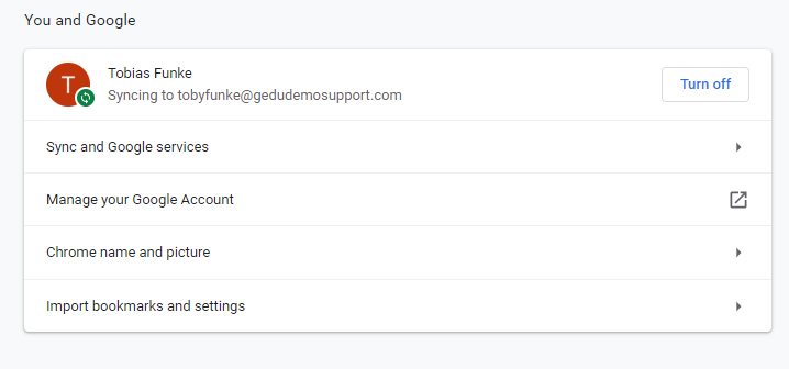 Image of the chrome settings page showing signed in user