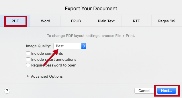 Indicates PDF options and Next button