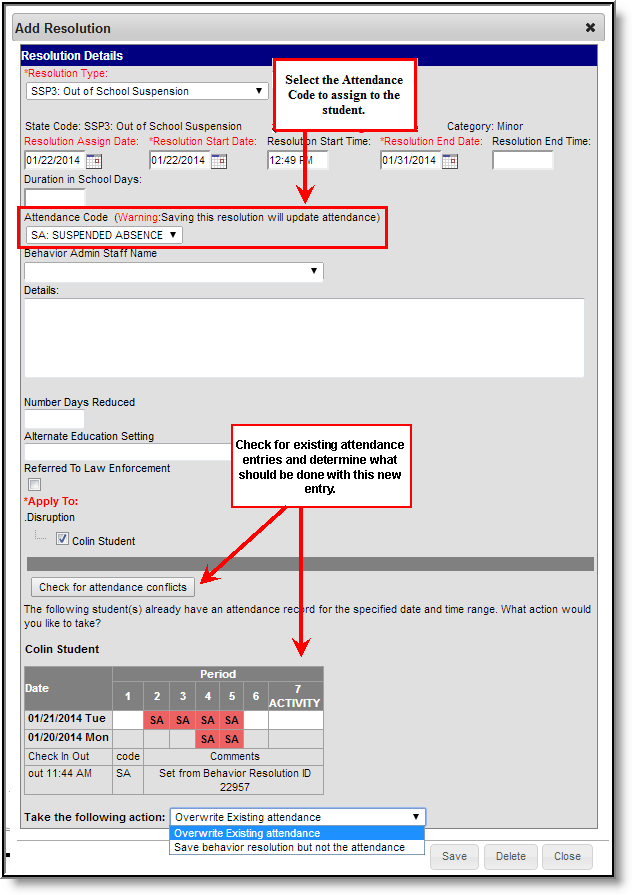Screenshot of the Resolution editor with the Attendance Code field and Attendance Conflicts section highlighted.  