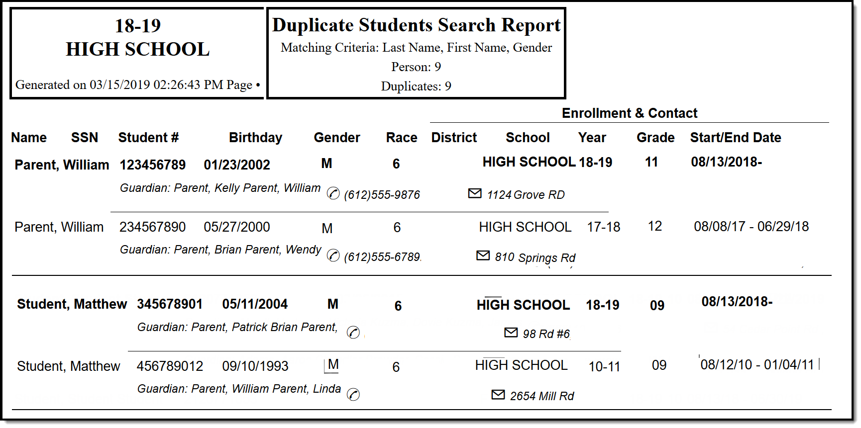 Screenshot of the Duplicate Student Search Report in HTML format. 