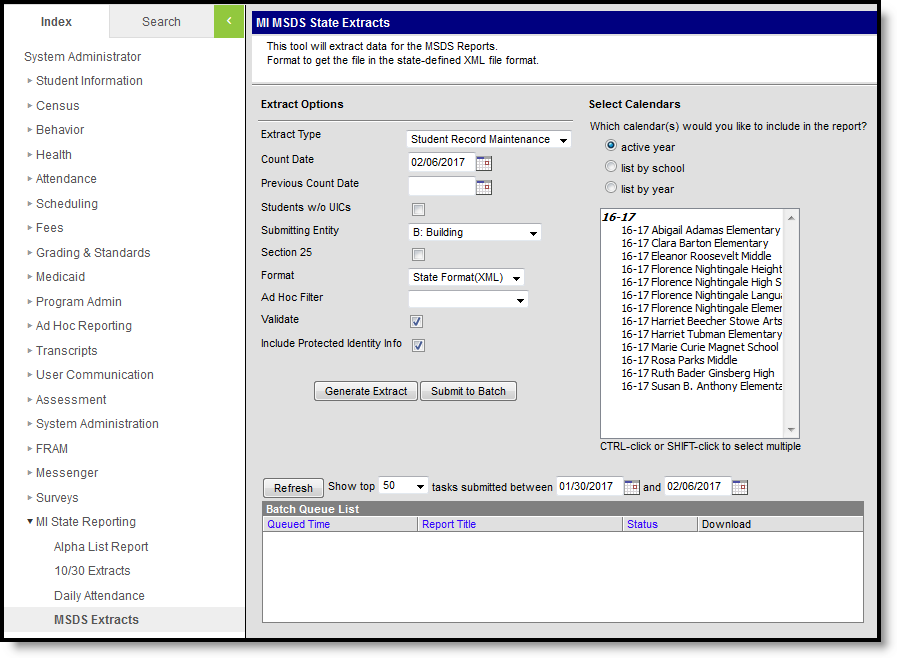 Screenshot of the MSDS student record maintenance extract editor.  